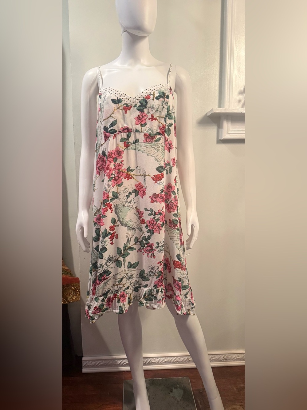 Anthropologie White Layla Parrots Floral Bird Slip Midi Dress